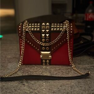 Michael Kors Whitney Bag, Studded on Red and Black leather, Chain Shoulder Bag